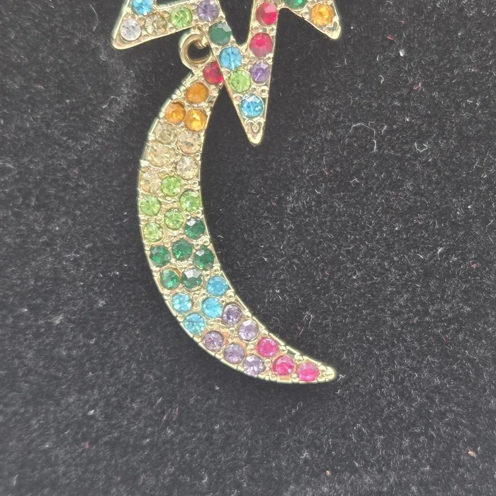 Gold Tone Charm Statement‎ Necklace Rainbow Stones Heart Star Moon Adjustable